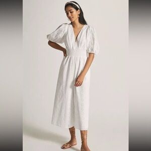 Anthropologie‎ Hutch Smocked-Waist Eyelet Jumpsuit SIZE S small white wide leg